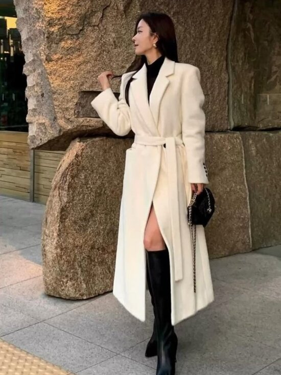 NWT White Australian Wool Blend Classic Belted Long Winter Wrap Coat - Picture 1 of 10